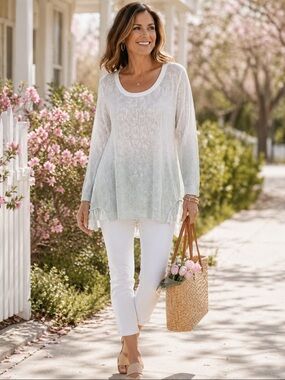 Chan Luu White Silver Ombre Sequin Top Boho Knit Mixed Media Tunic Top L? *FLAW*